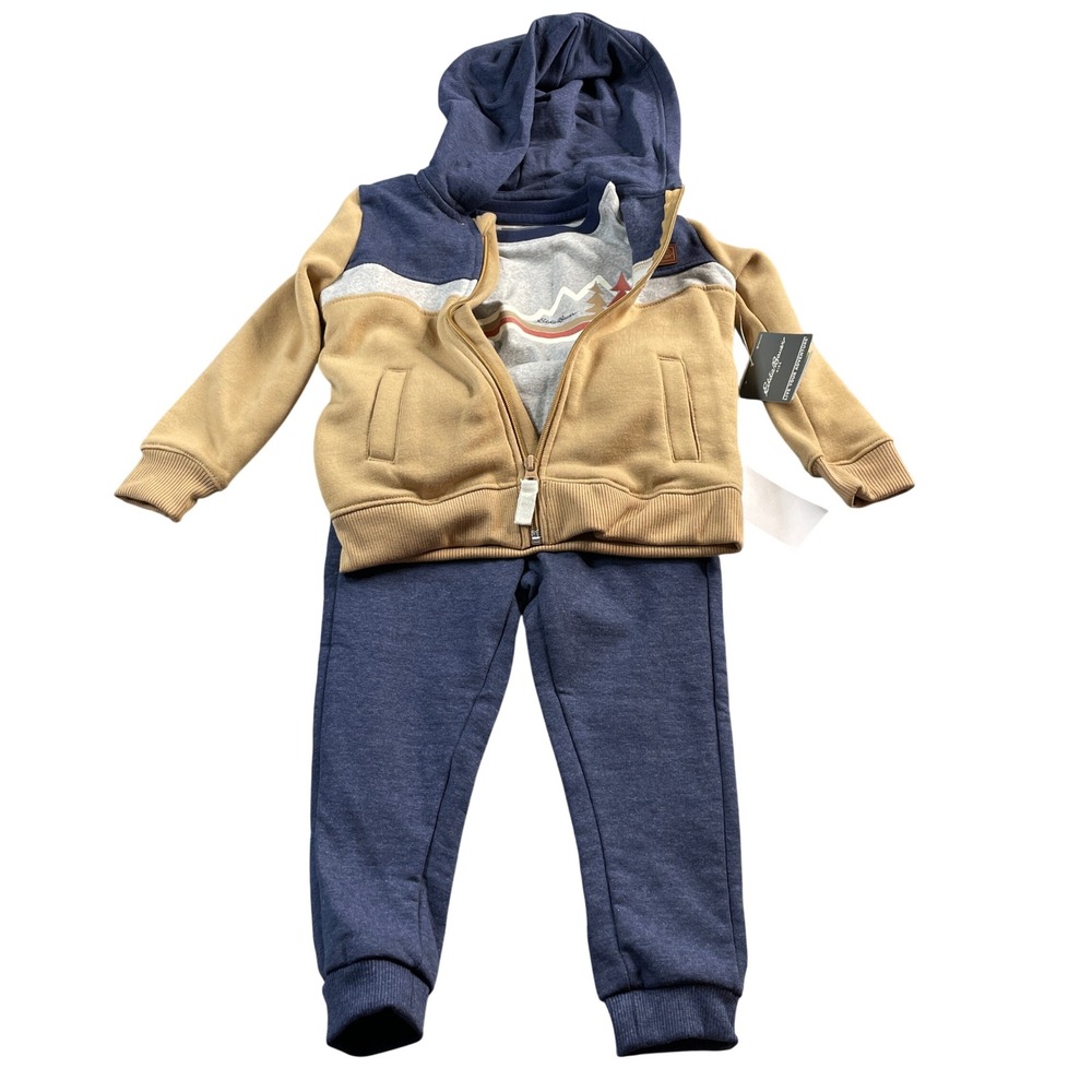 Eddie Bauer 3 pc Set 3T Boys Tan Blue Hoodie Jogger Set Mountains Bear Graphic